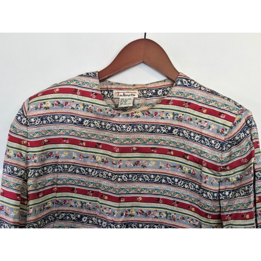 VTG Talbots Blouse Womens 4 Striped Floral 100% Silk Boho Artsy Whimsy Fairy - Picture 2 of 8